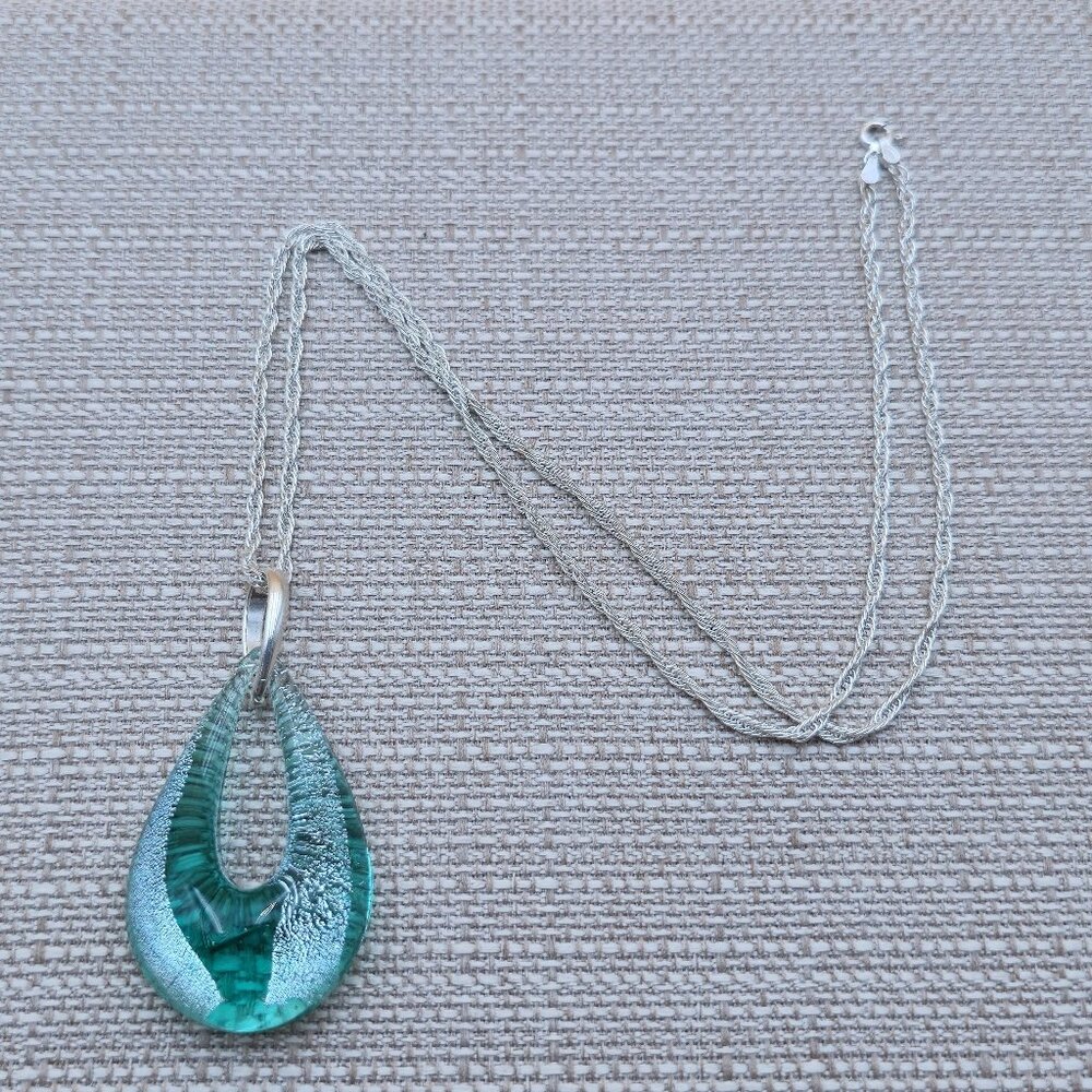 24 Inch Sterling Silver Handmade Large Glass Pendant Necklace B624